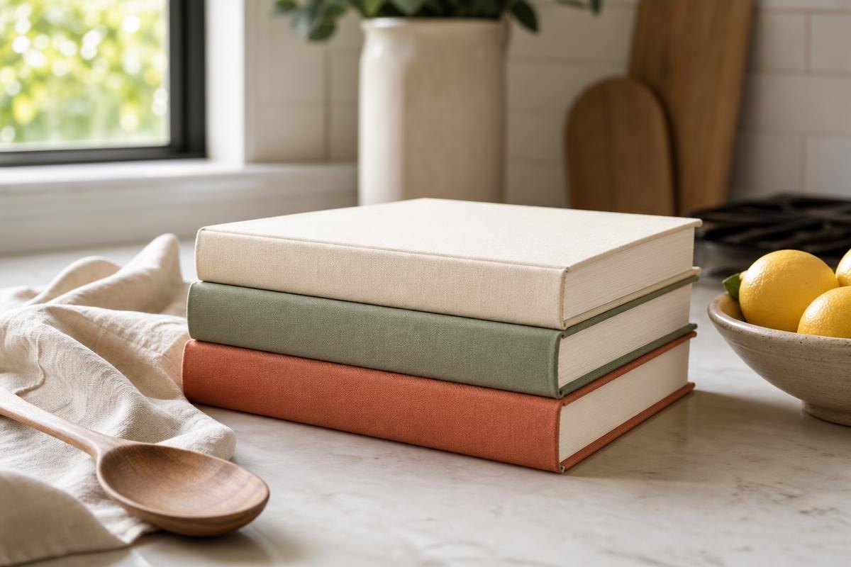 Open handwritten recipe book beside a stack of cookbooks