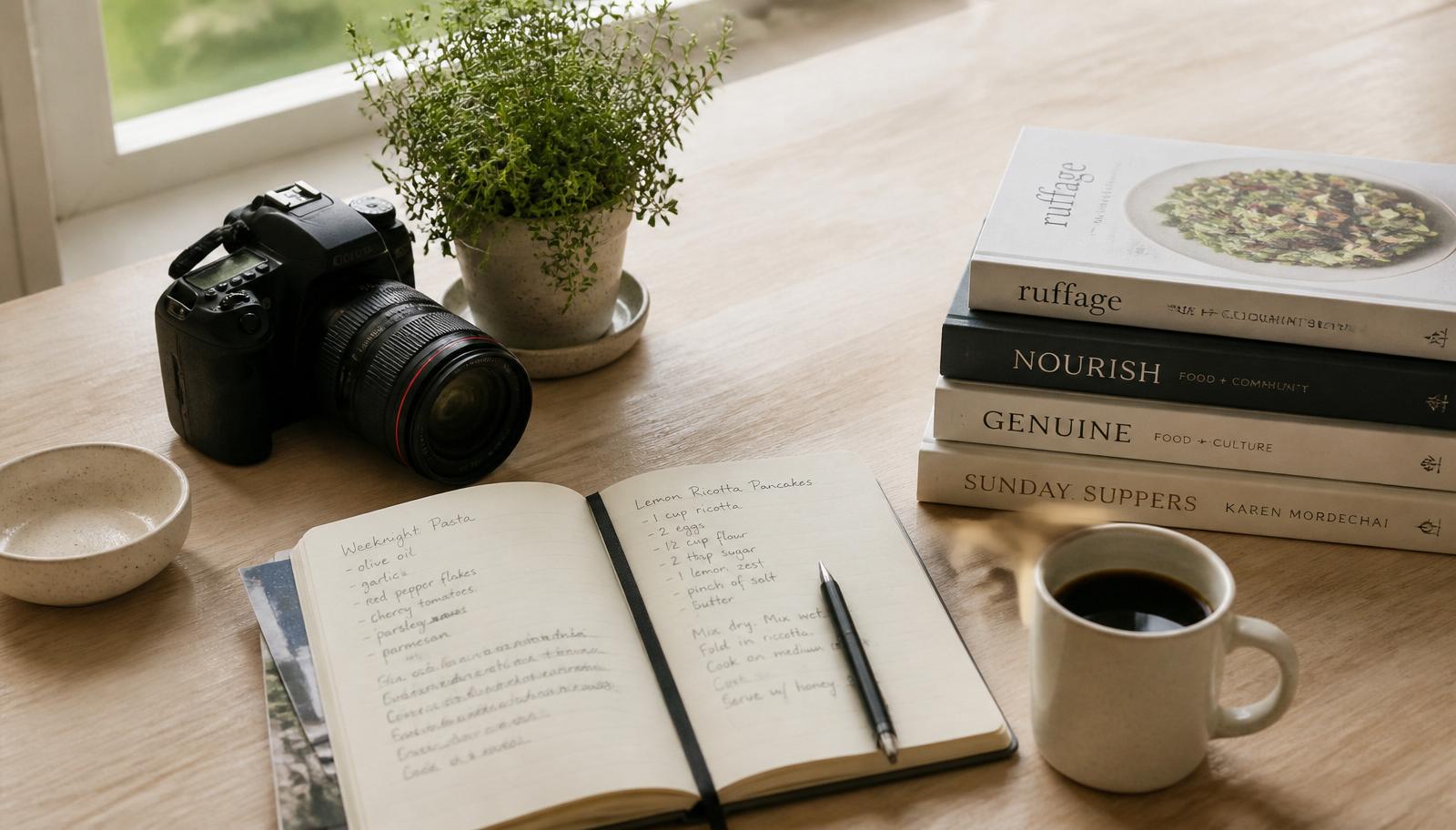 Cookbook mockup on a marble counter beside a plated dish and a phone