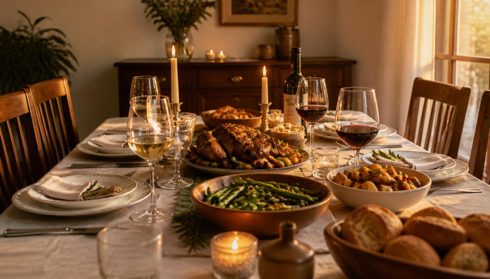 Family hands sharing food at a warmly lit dinner table