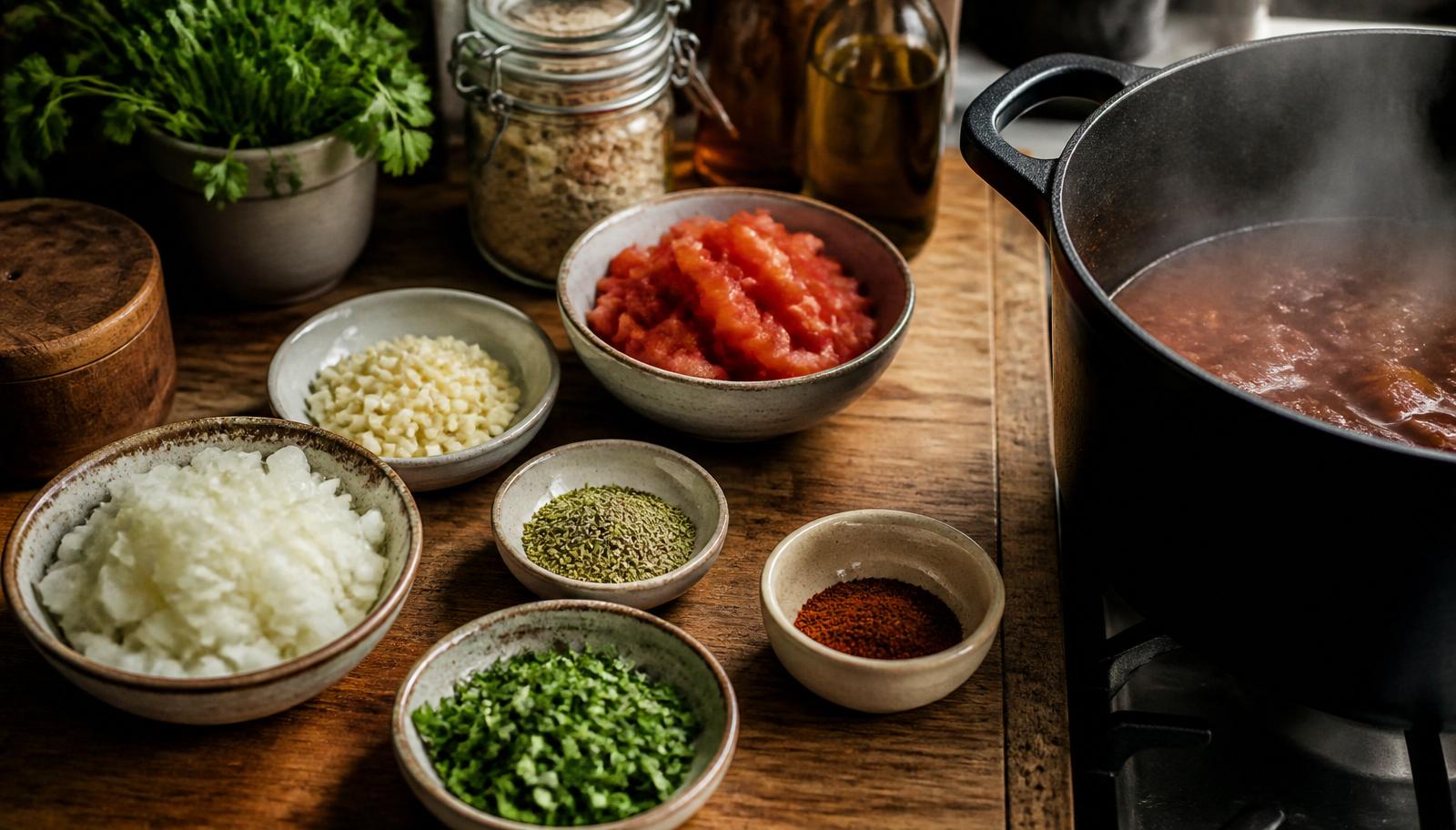 Prep bowls on a warm kitchen counter
